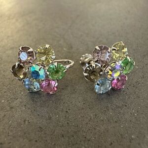 Vintage Sterling Multicolored Rhinestone Floral Cluster Screw-Back Earrings
